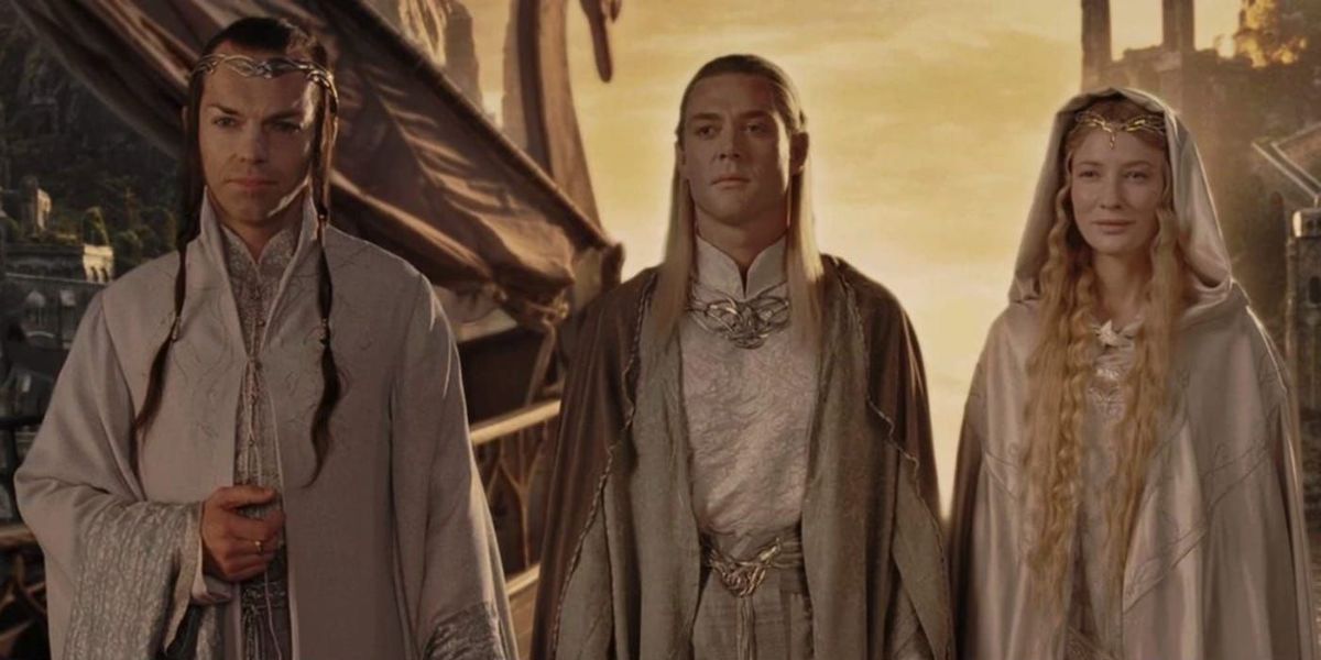 Elrond (Hugo Weaving), Celeborn (Marton Csokas), and Galadriel (Cate Blanchett) standing next to each other in 'The Lord of the Rings: The Return of the King.'