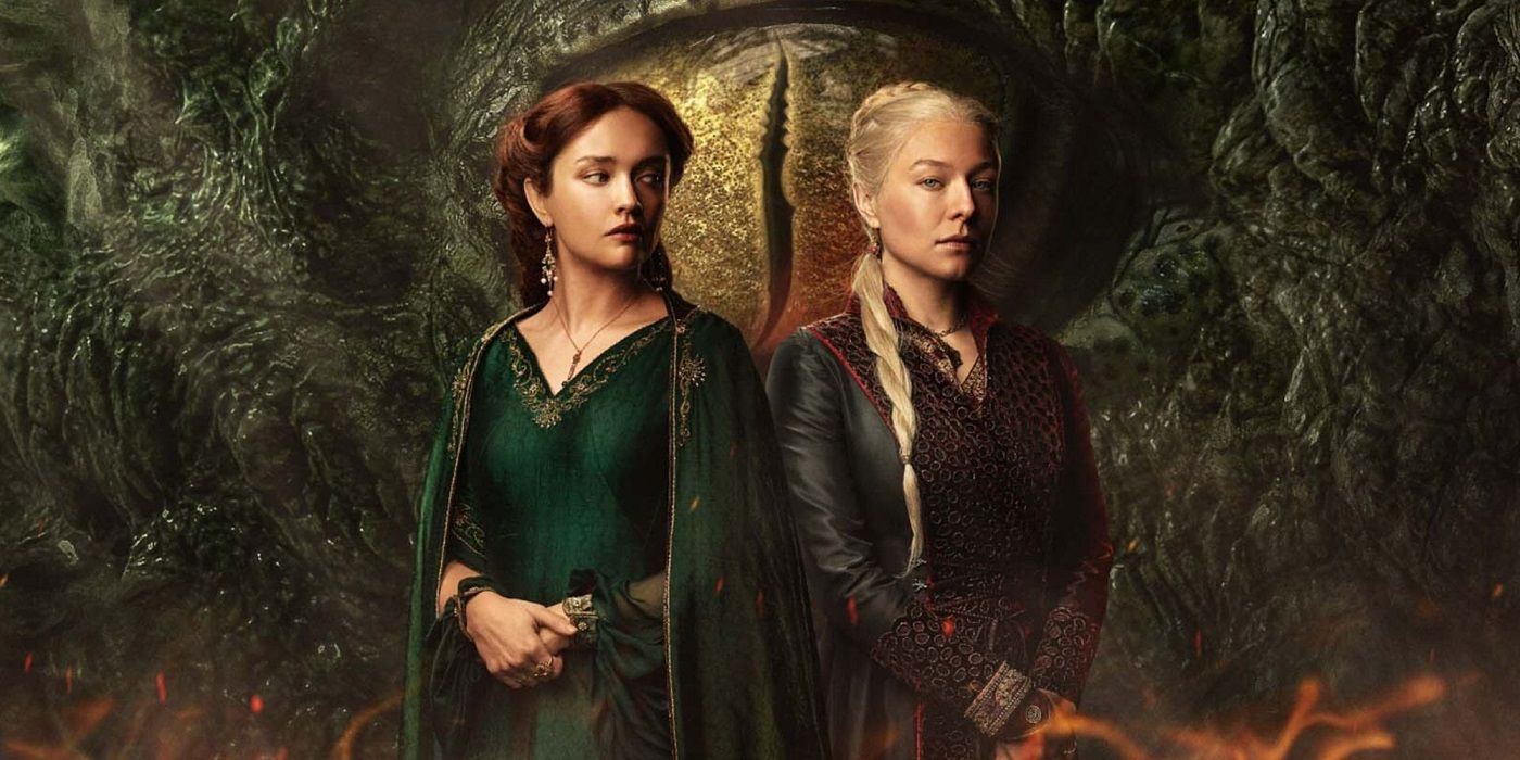 Olivia Cooke as Alicent Hightower and Emma D'Arcy as Rhaenyra Targaryen in front if a dragon's eye in 'House of the Dragon'