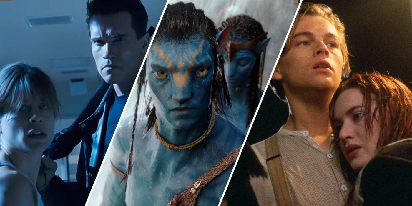 Collage of Terminator 2, Avatar and Titanic stills