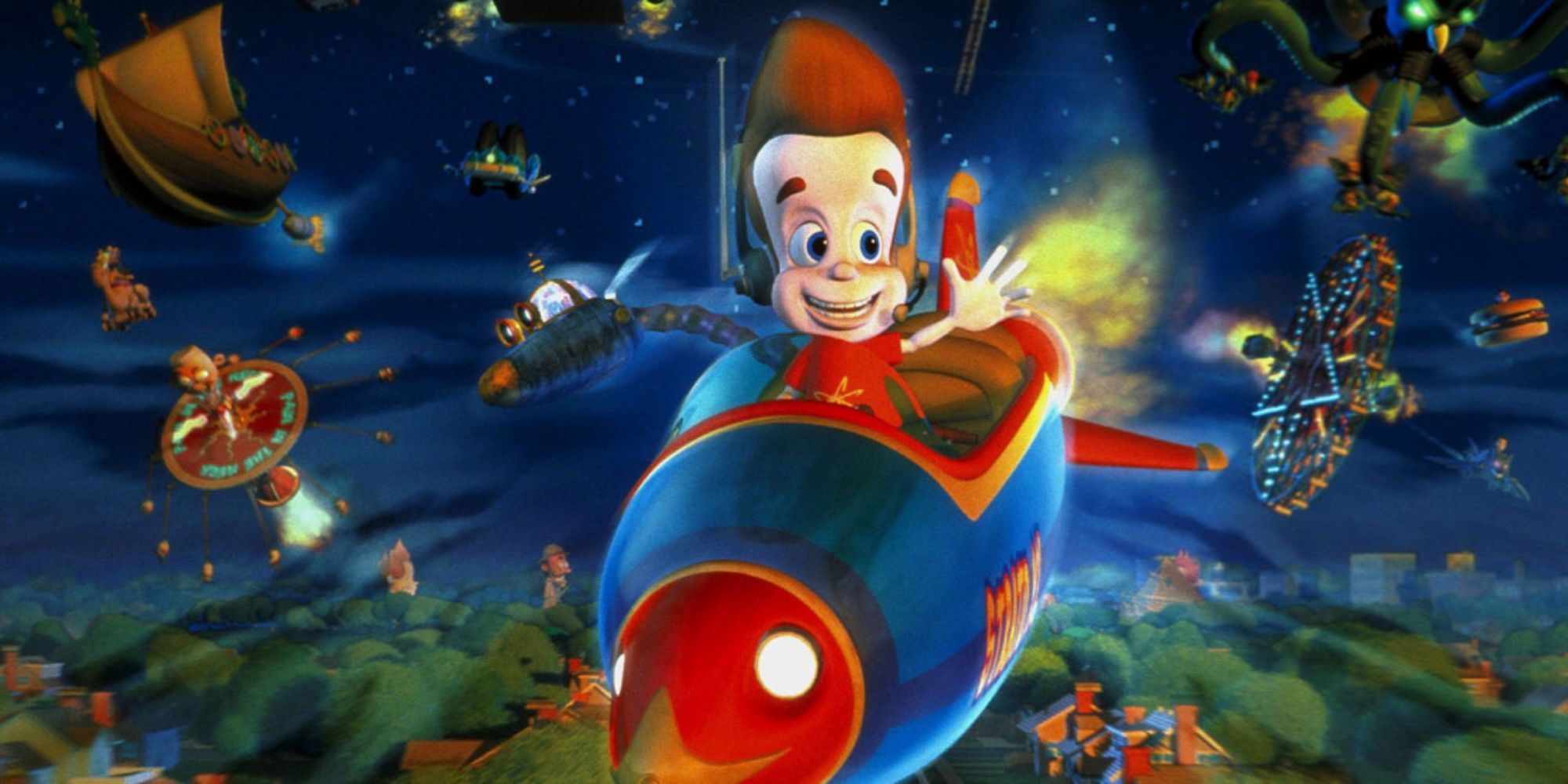 Jimmy Neutronaboard a spaceship waving in Jimmy Neutron: Boy Genius.