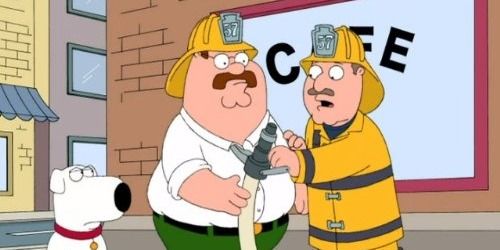 Firefighter giving a hose to Peter Griffin 