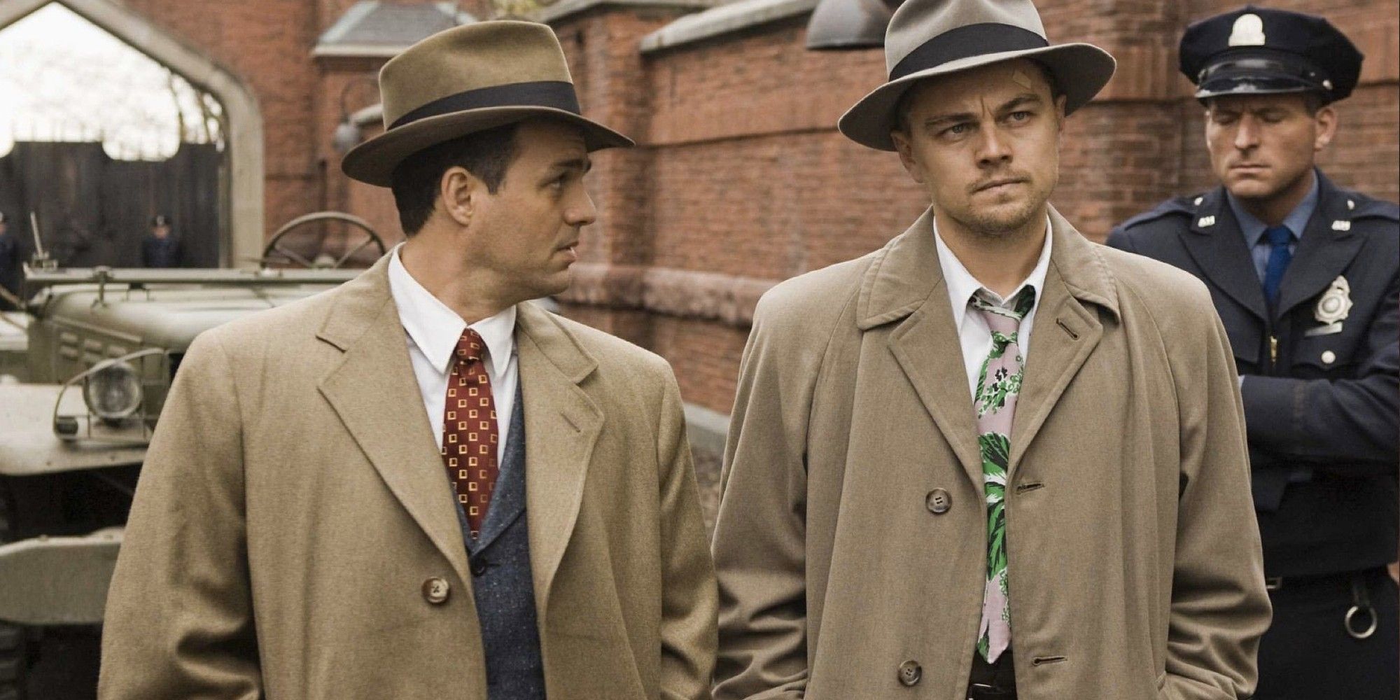 Teddy and Chuck walking side by side in 'Shutter Island'