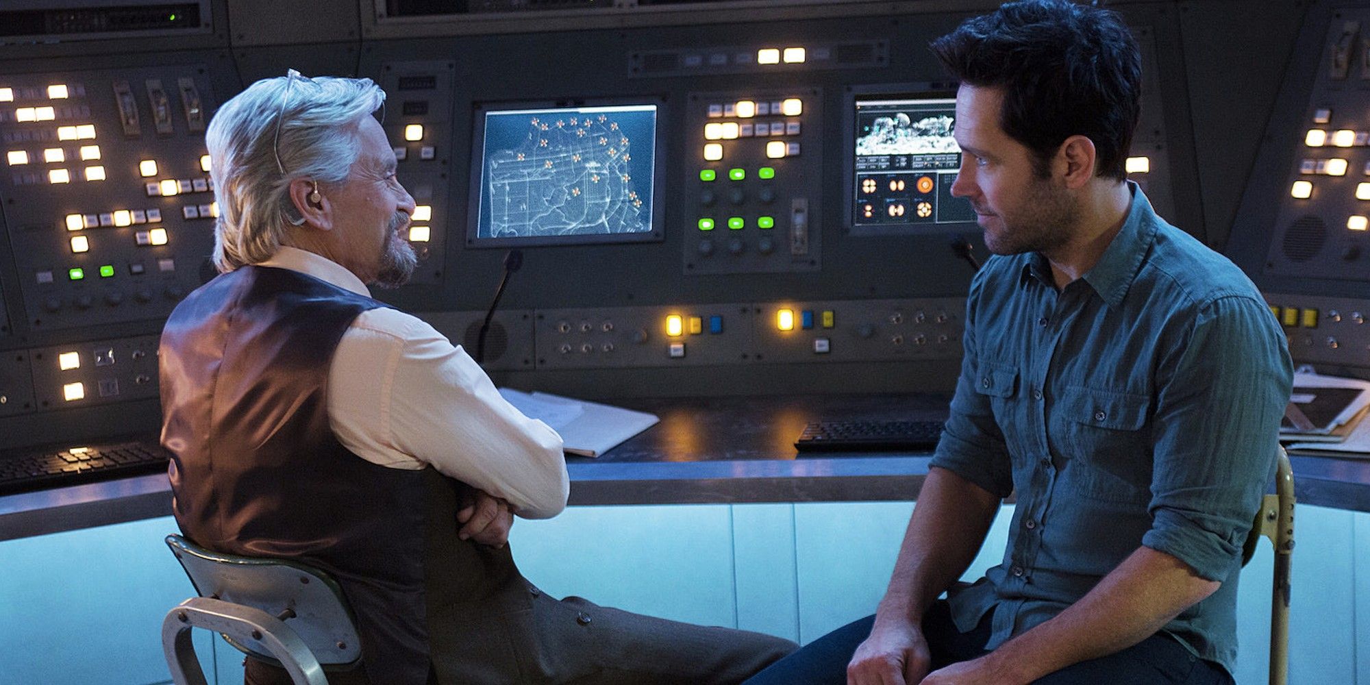 Michael Douglas and Paul Rudd as Hank Pym and Scott Lang in 'Ant-Man'