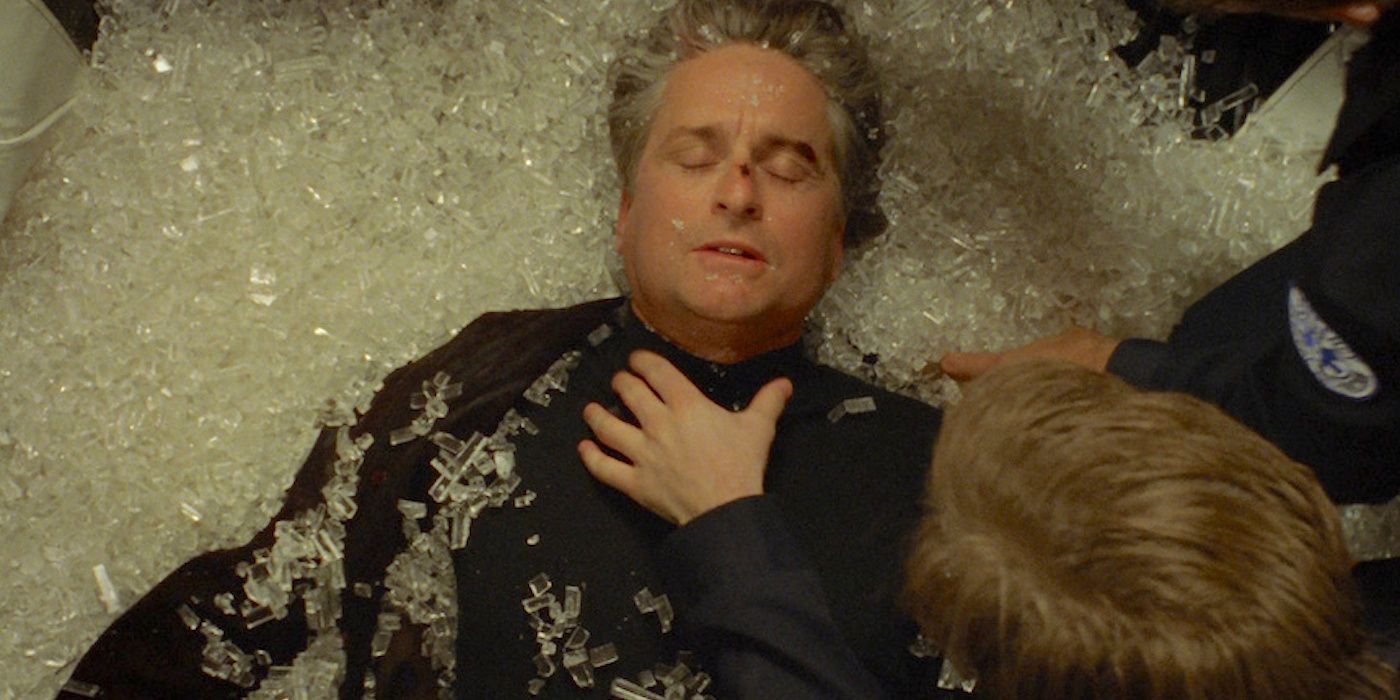 Michael Douglas as Nicholas Van Orton on a bed of ice in The Game.