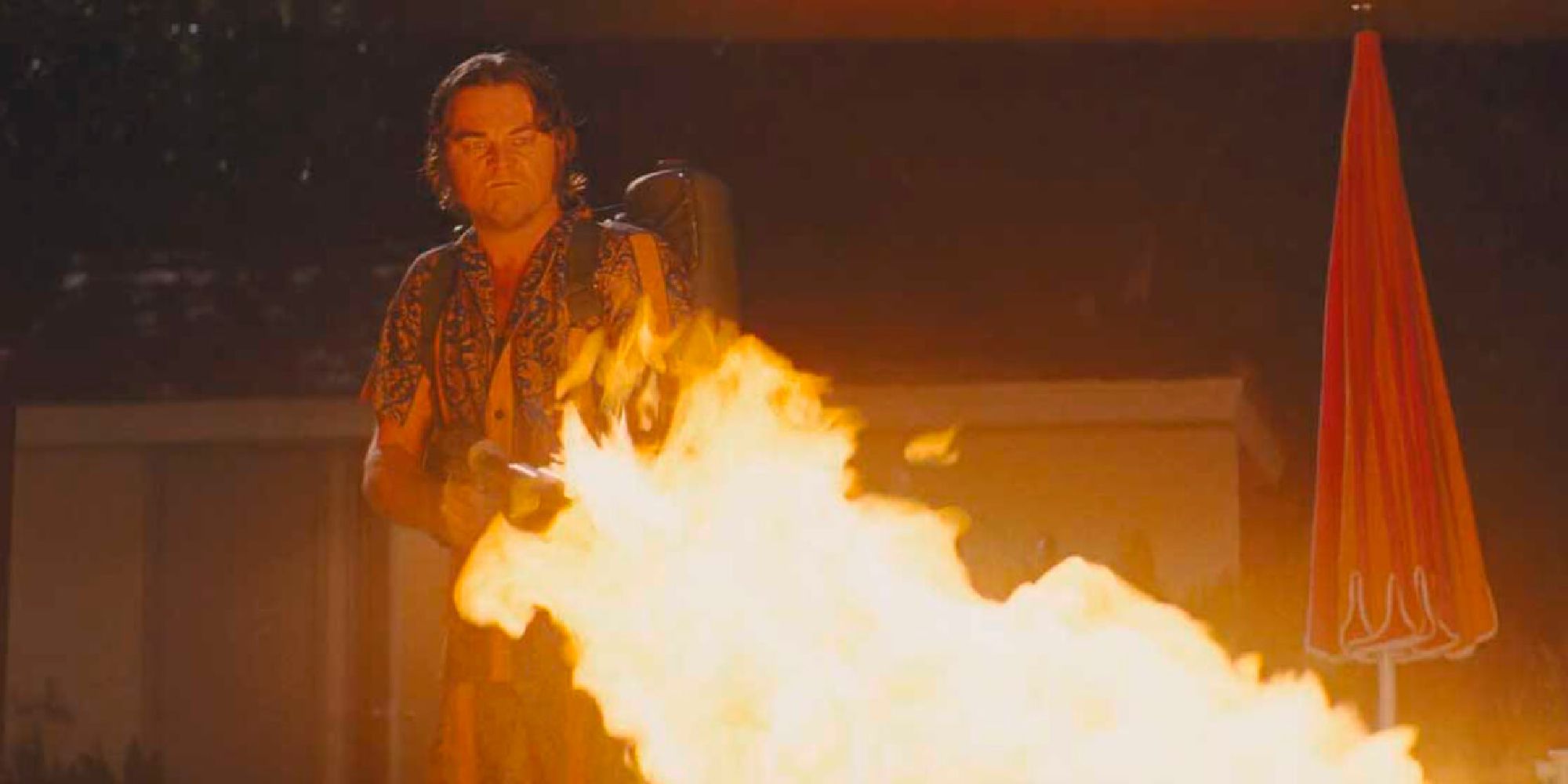 Leonardo DiCaprio using a flamethrower in Once Upon a Time in Hollywood