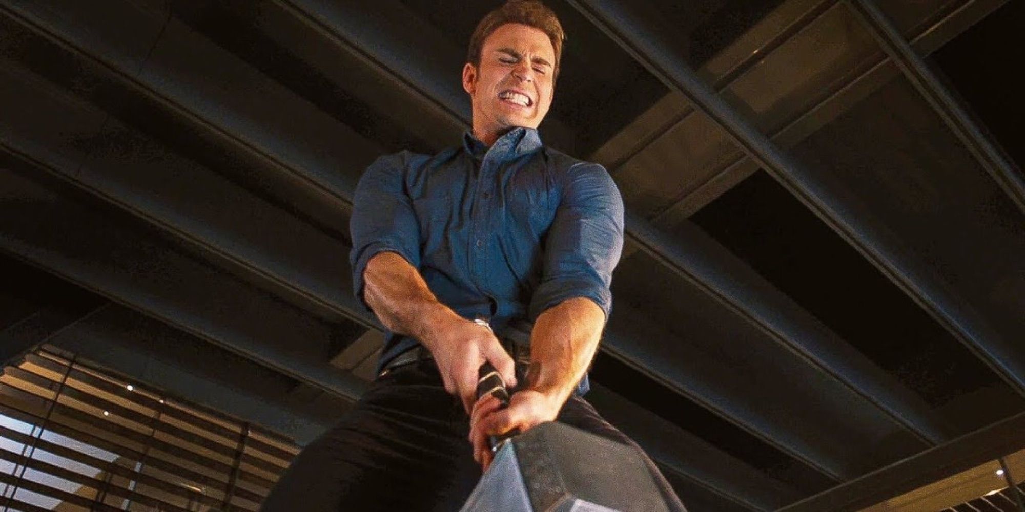 Steve Rogers tries to lift Mjolnir in Avengers: Age of Ultron
