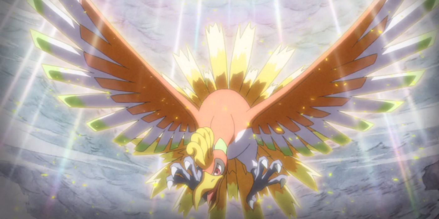The legendary Pokémon Ho-Oh descending from the clouds in the Johto Region