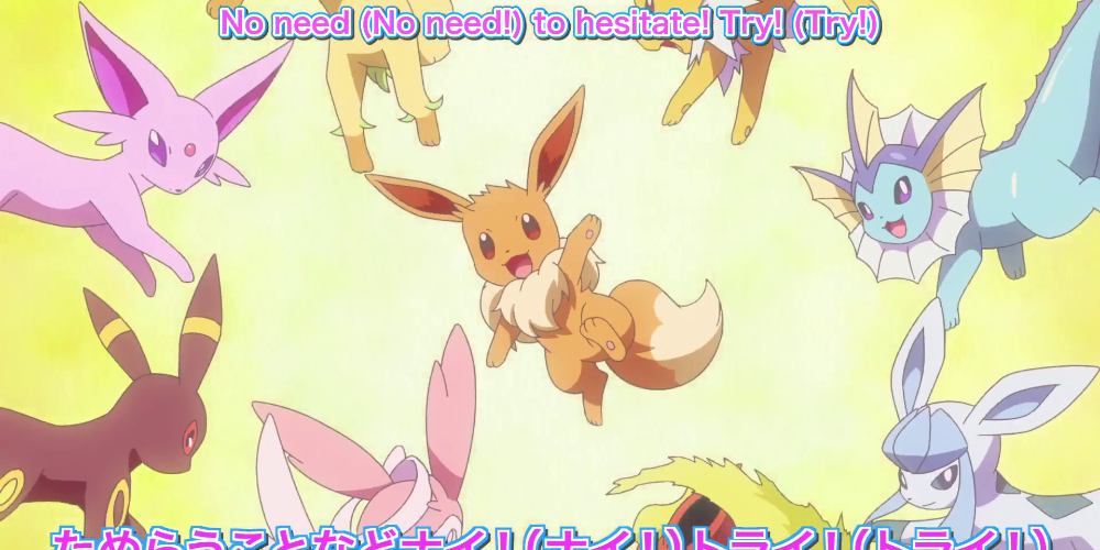 Eevee surrounded by its eight evolutions in the Pokemon anime