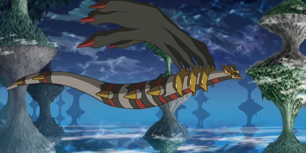 Giratina in its Origin Forme flying through the Distortion World