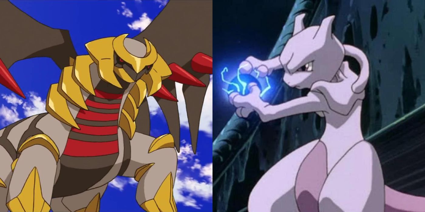 Giratina in its Altered Forme and Mewtwo launching a Shadow Ball