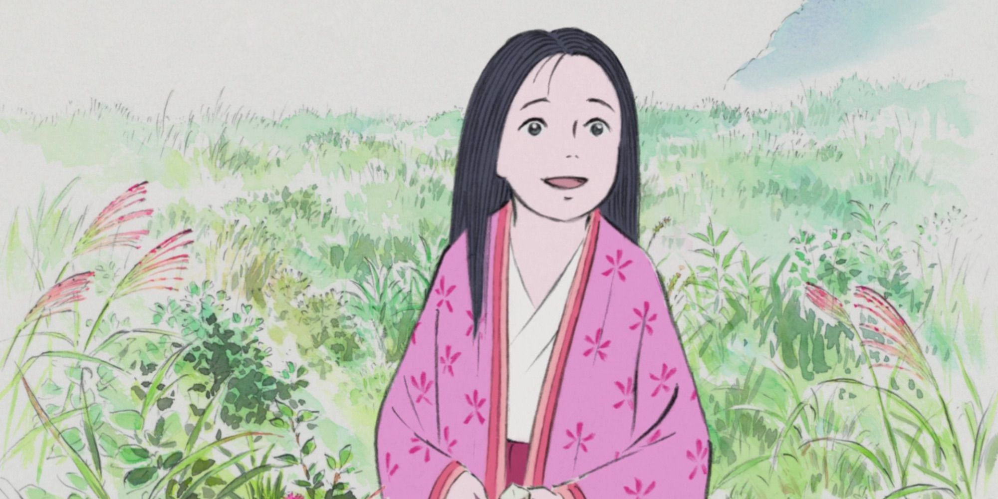 Princess Kaguya smiling while looking up in The Tale of Princess Kaguya