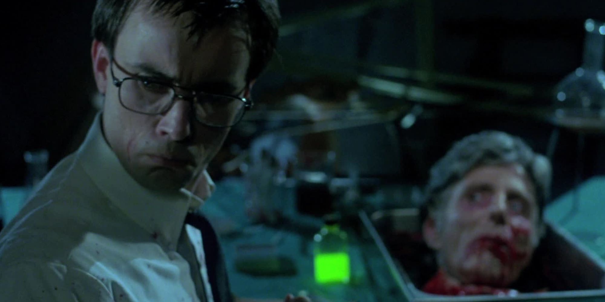 Jeffery Combs looking concerned in Re-Animator