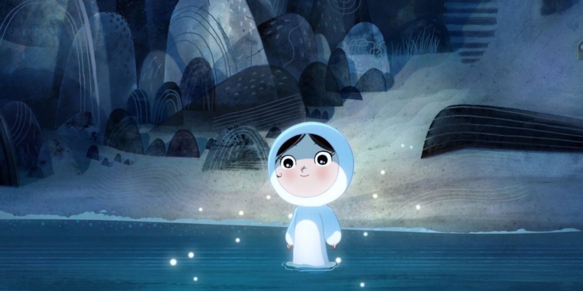 A character smiling softly while standing on the shore in Song-of-the-sea