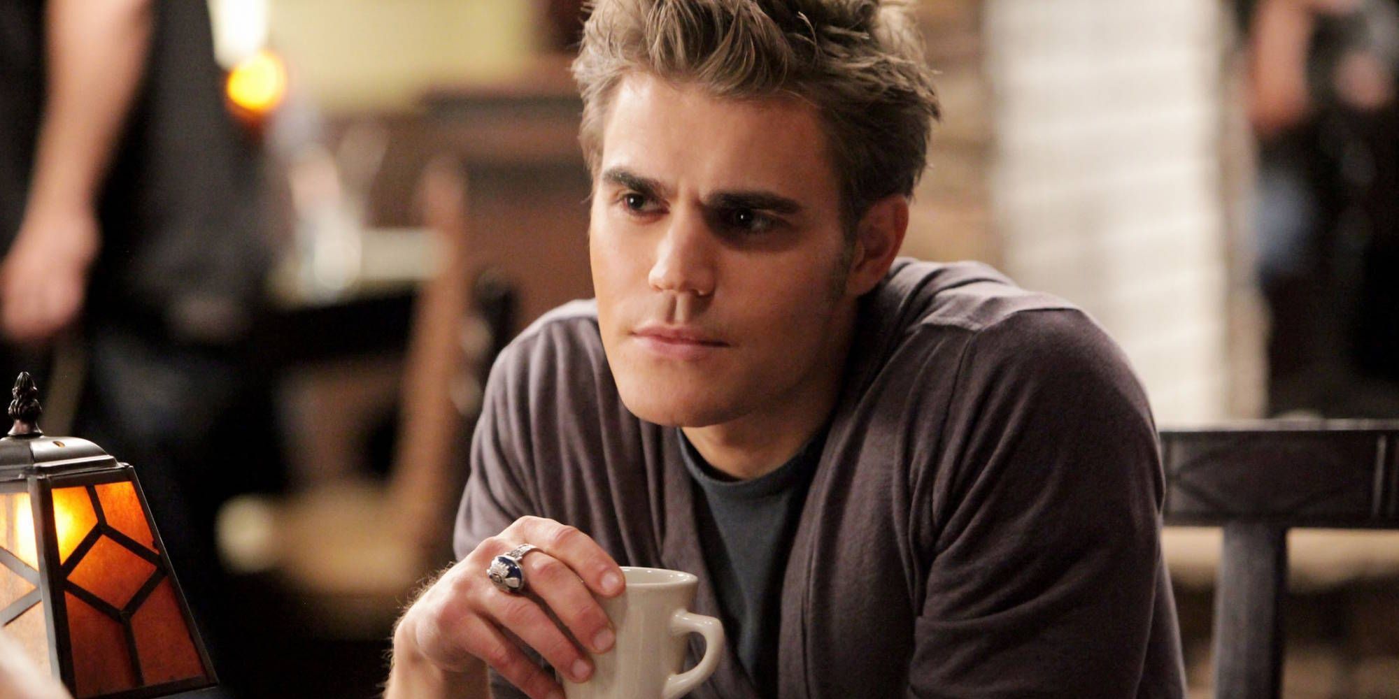 Stefan Salvatore from The Vampire Diaries drinking coffee