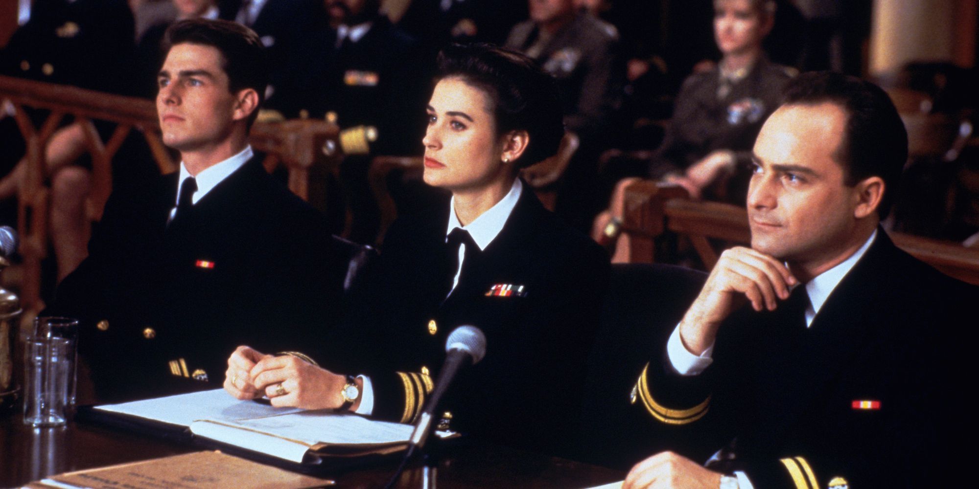 Tom Cruise as Daniel Kaffee, Demi Moore as Joanne Galloway, and Kevin Pollack as Sam Weinberg in A Few Good Men