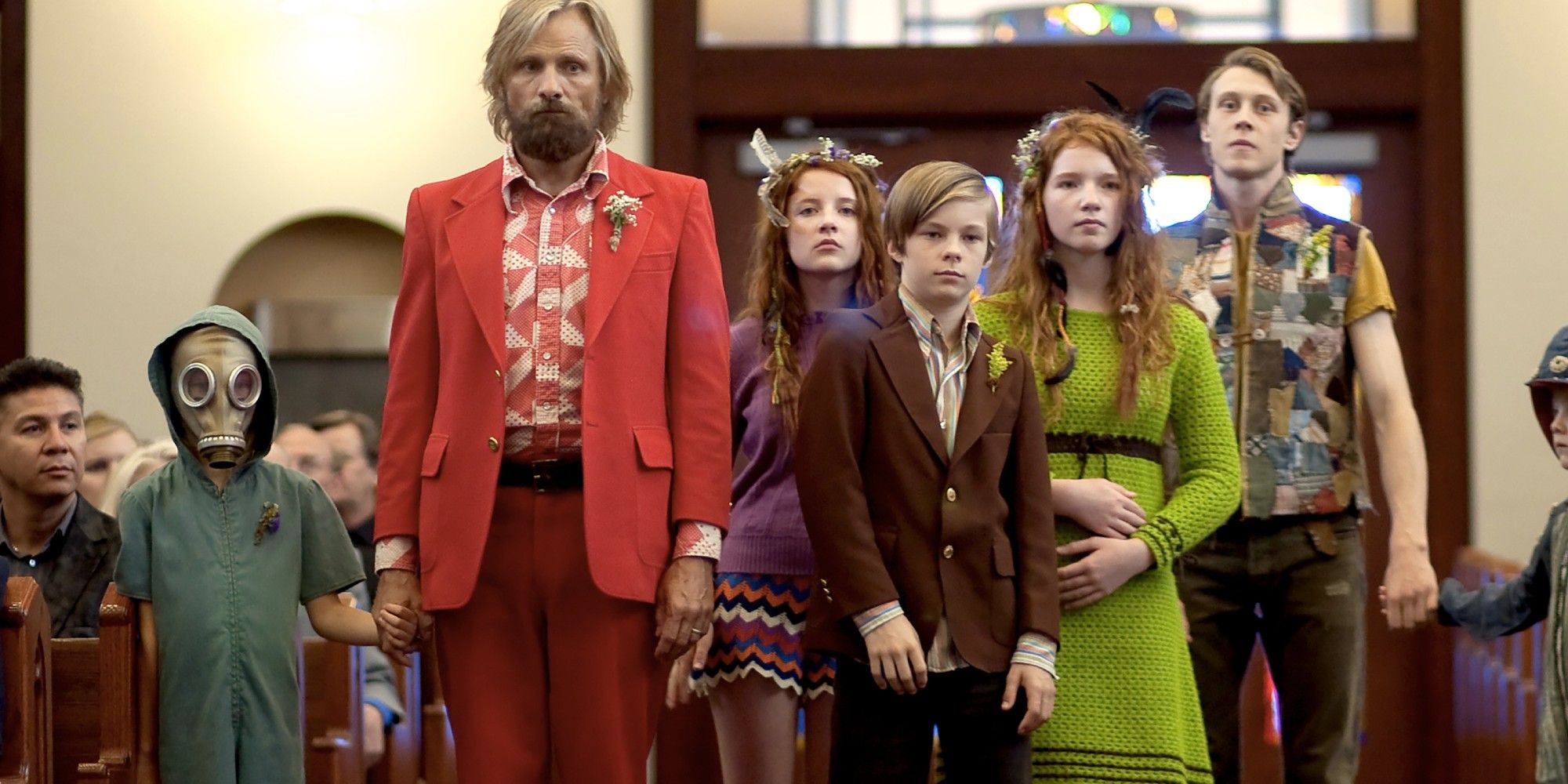 The family standing together in a church in Captain Fantastic