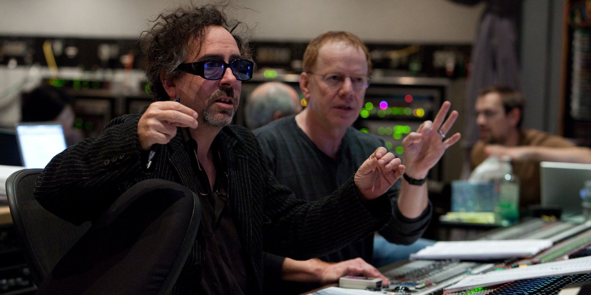 Tim Burton and Danny Elfman in a recording studio