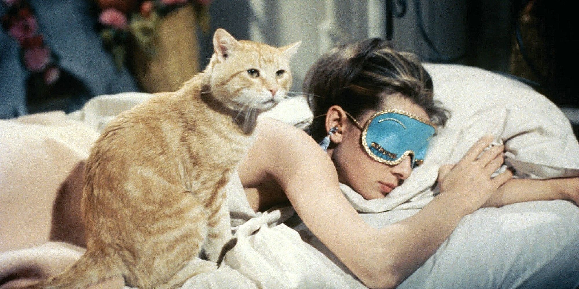 Audrey Hepburn lying down with a cat on her side in Breakfast at Tiffany's