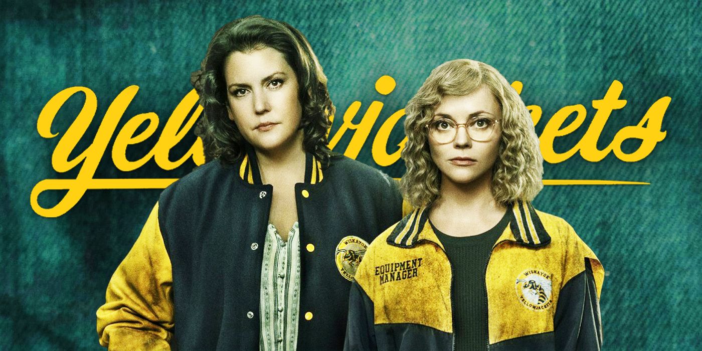 Blended image showing Melanie Lynskey and Christina Ricci against the Yellowjackets logo.