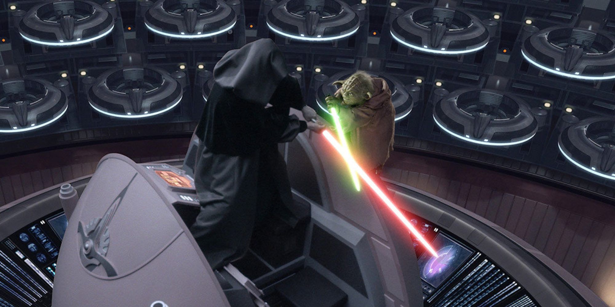 Yoda and Palpatine fight with lightsabers in an empty council chamber in Star Wars.