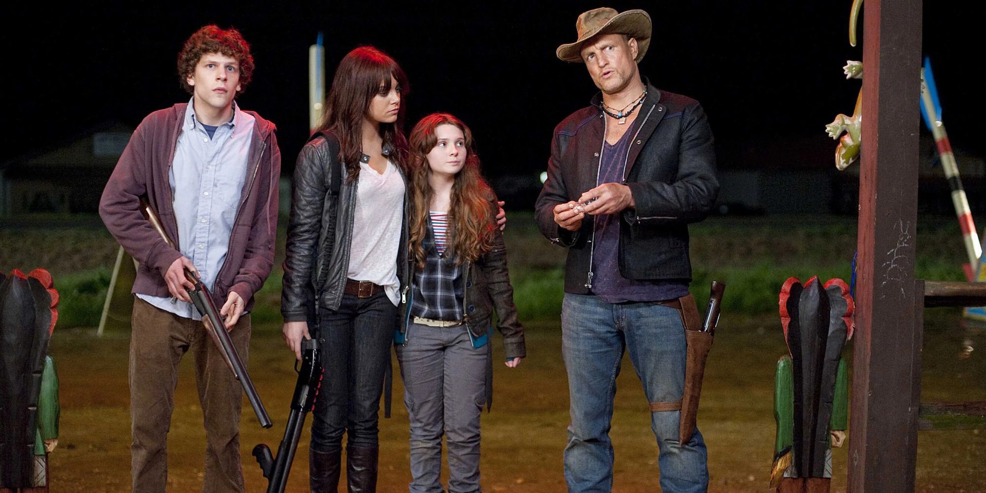 Jesse Eisenberg, Emma Stone, Abigail Breslin, and Woody Harrelson as Columbus, Wichita, Little Rock, and Tallahasse in Zombieland