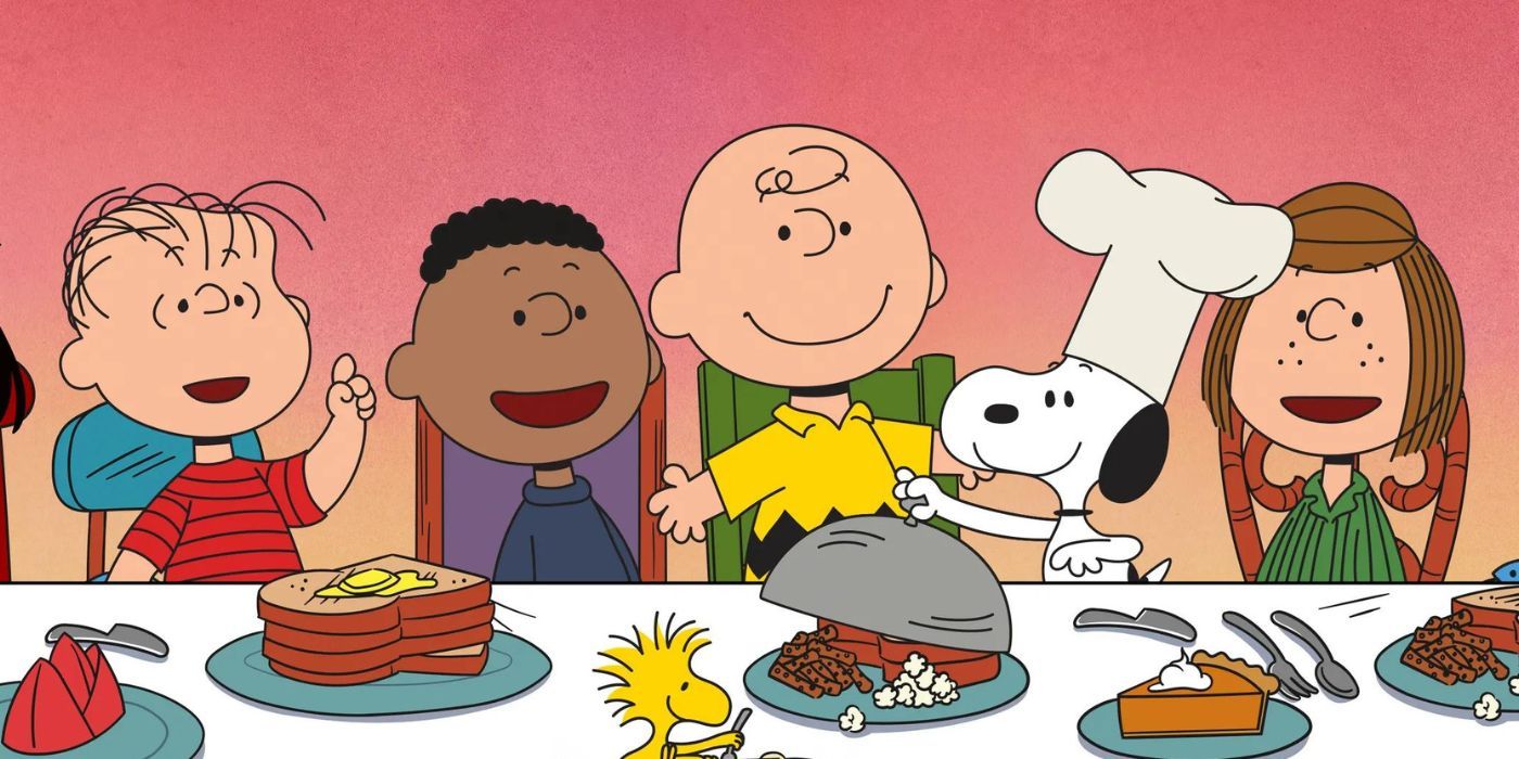 Linus, Franklin, Charlie Brown, Woodstock, Snoopy, and Peppermint Patty in A Charlie Brown Thanksgiving