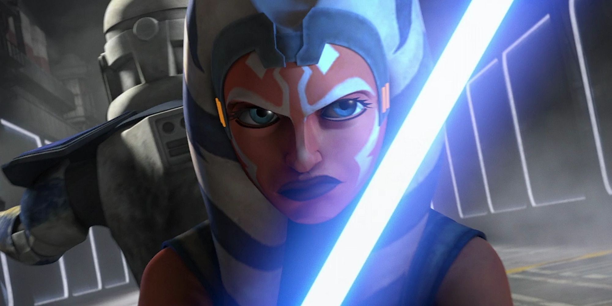 Ahsoka with lightsaber standing back to back with clone trooper Rex