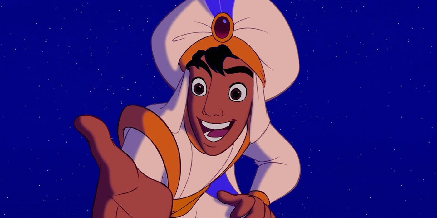 Aladdin souriant et offrant sa main à quelqu'un dans Aladdin.