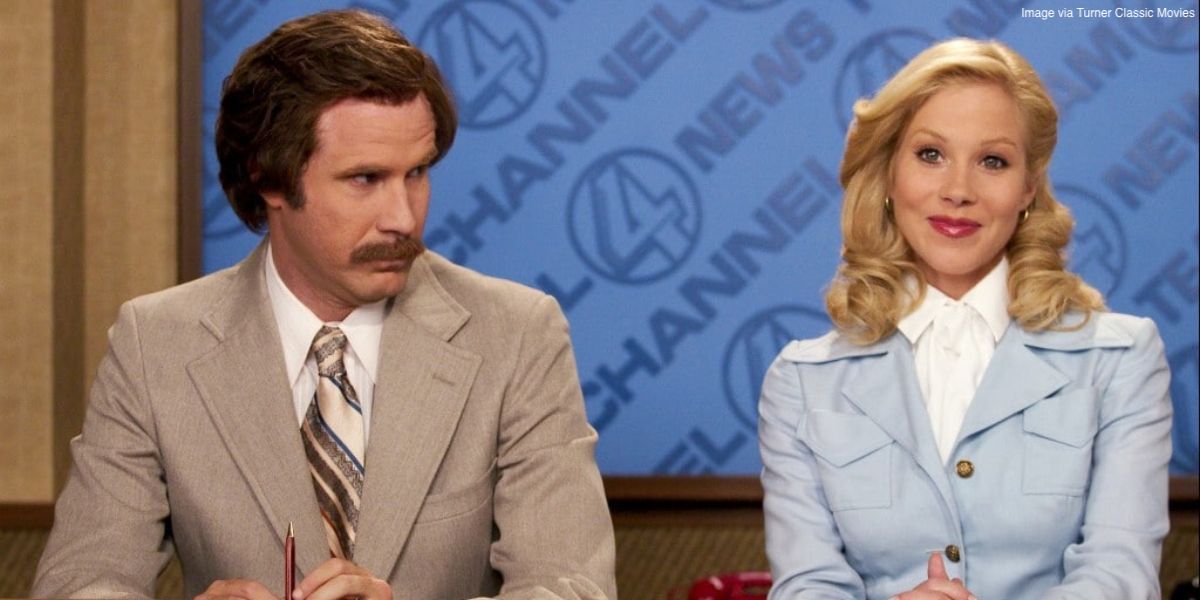 Will Ferrell and Christina Applegate at news desk in Anchorman