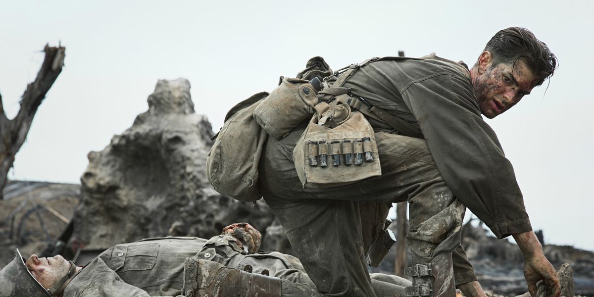 Andrew Garfield as Desmond Doss on the battlefield in 'Hacksaw Ridge.'