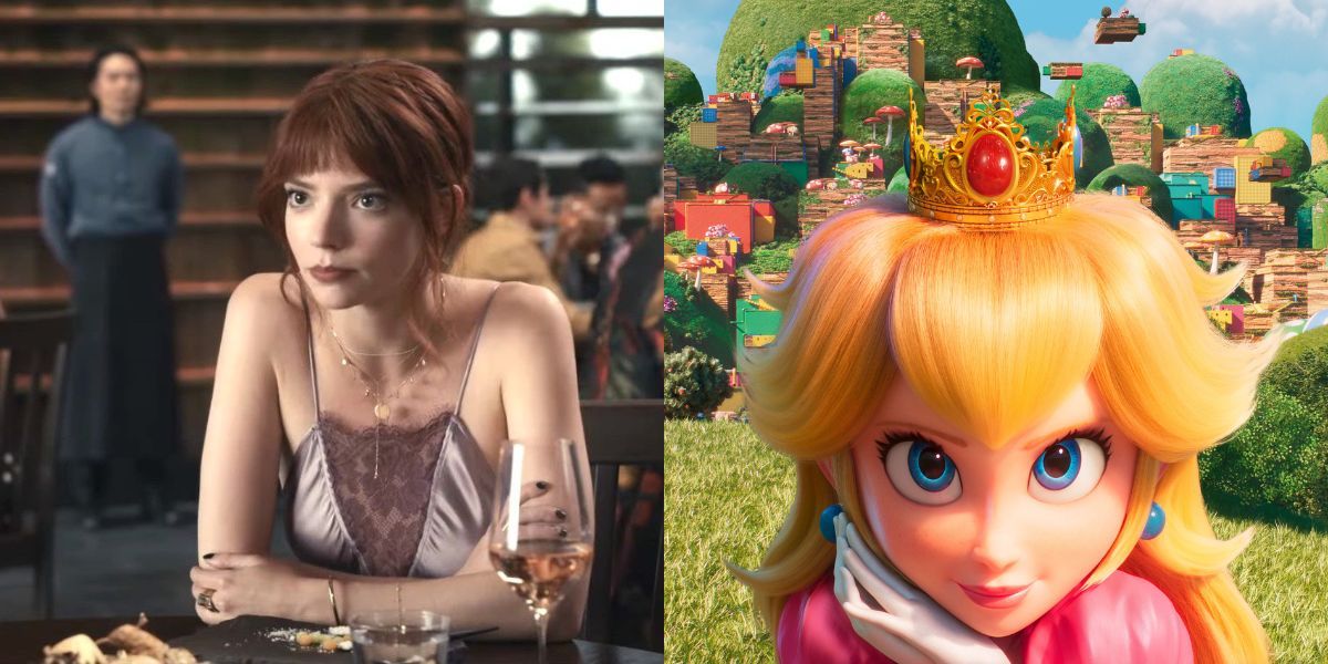 Anya Taylor-Joy side-by-side with her Super Mario Bros Movie character Princess Peach