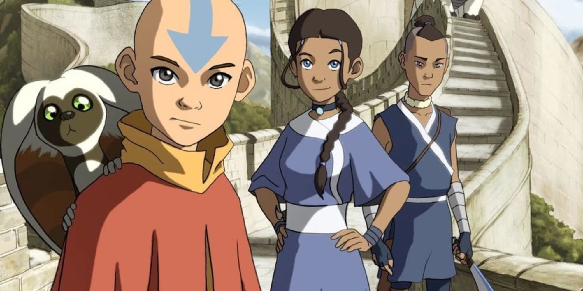 Team Aang smiling at the camera in 'Avatar: The Last Airbender'