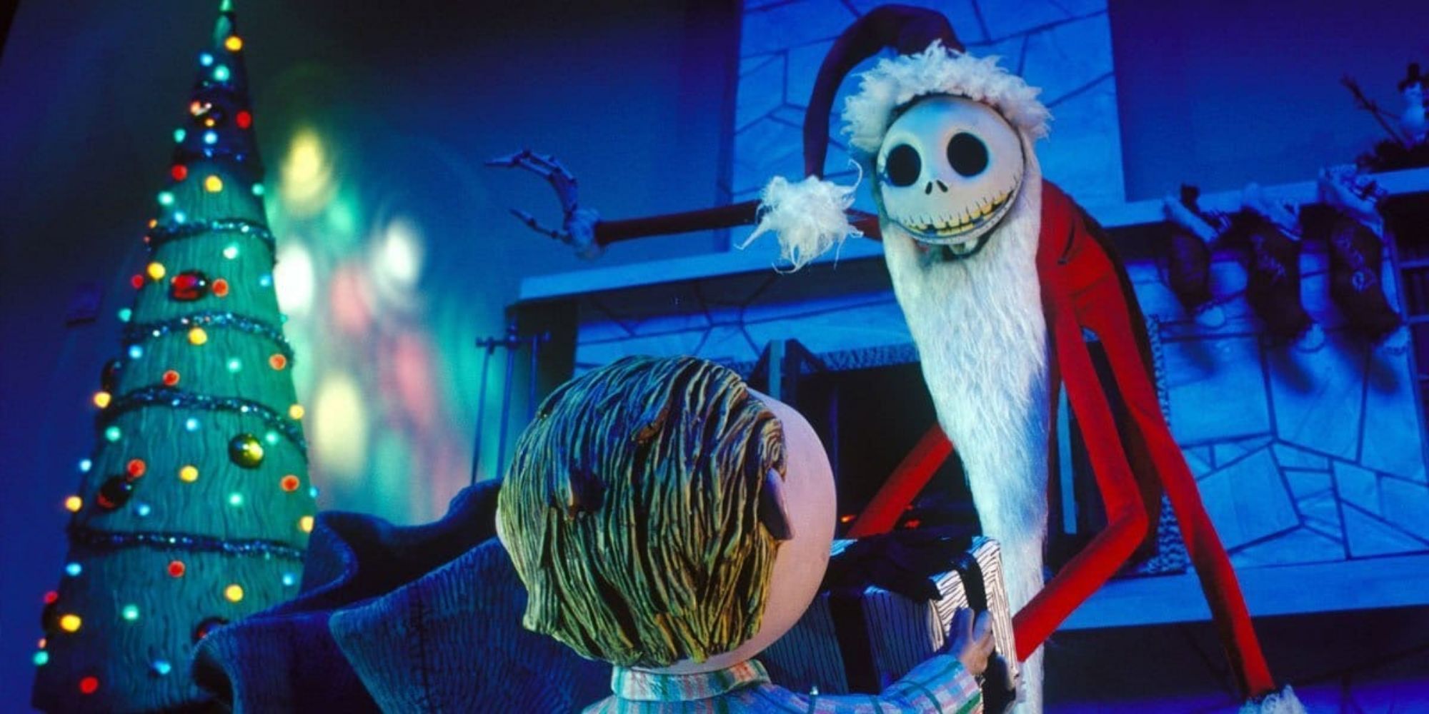 Jack Skellington handing a child a present