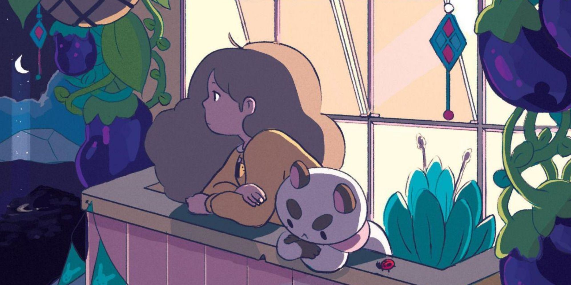 Bee and PuppyCat looking out over a balcony from 'Bee and PuppyCat'