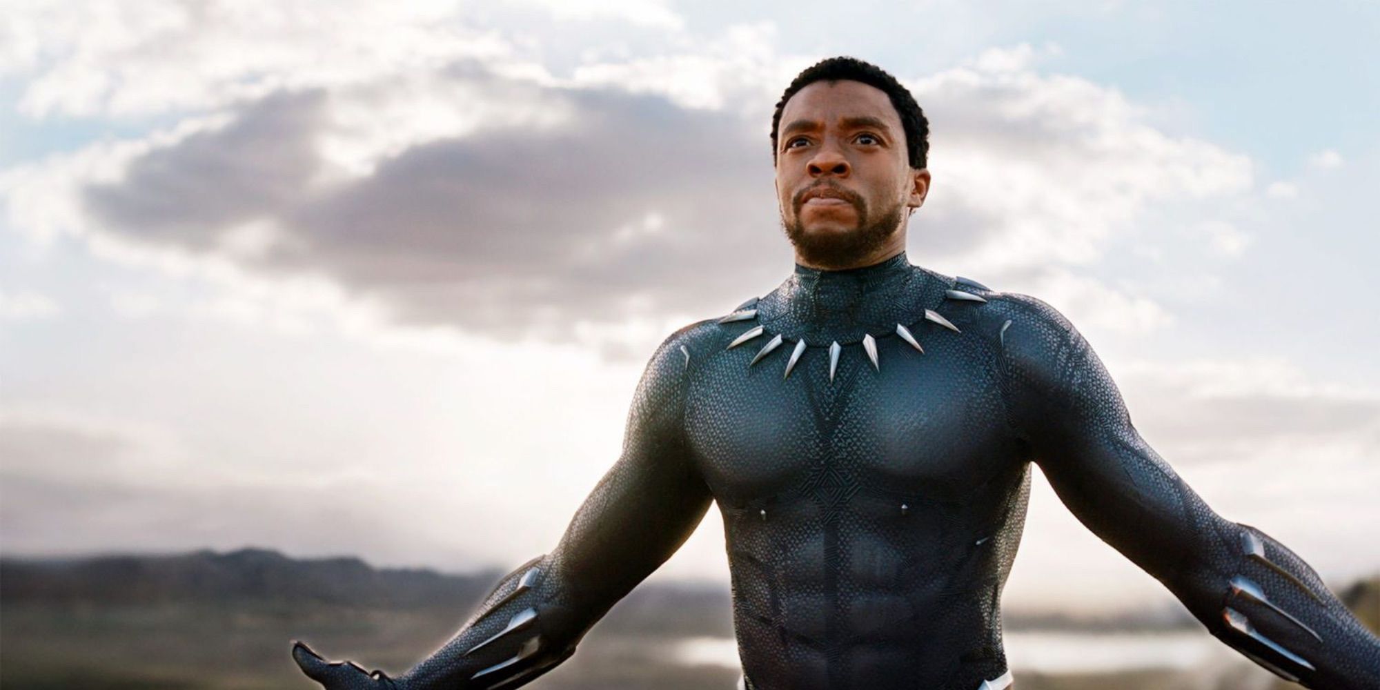 T'Challa spreading his arms and looking proud in Black Panther