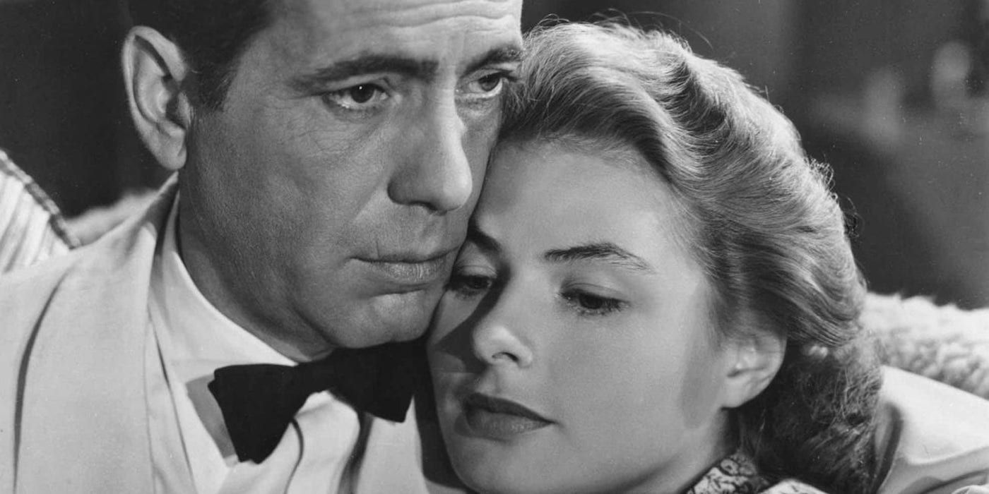 Humphrey Bogart as Rick Blaine and Ingrid Bergman as Ilsa Lund in Warner Bros.' Casablanca