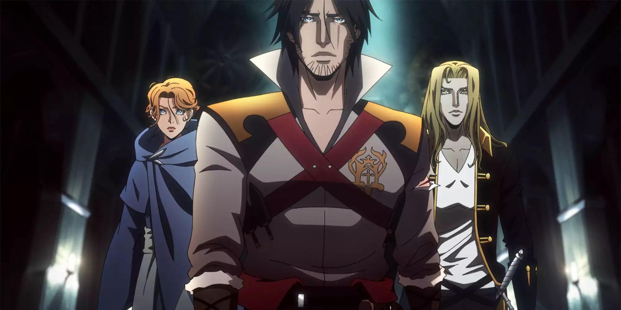 Trevor Belmont, Sypha Belnades and Adrian "Alucard" Tepes together in Dracula's Castle from 'Castlevania'