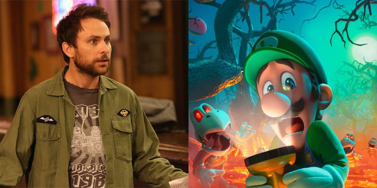 Charlie Day side-by-side with his Super Mario Bros Movie character Luigi