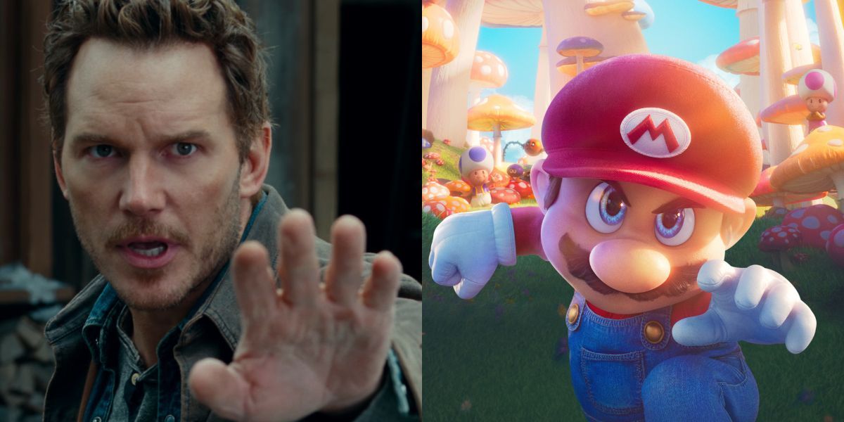 Chris Pratt side-by-side with his Super Mario Bros Movie character Mario