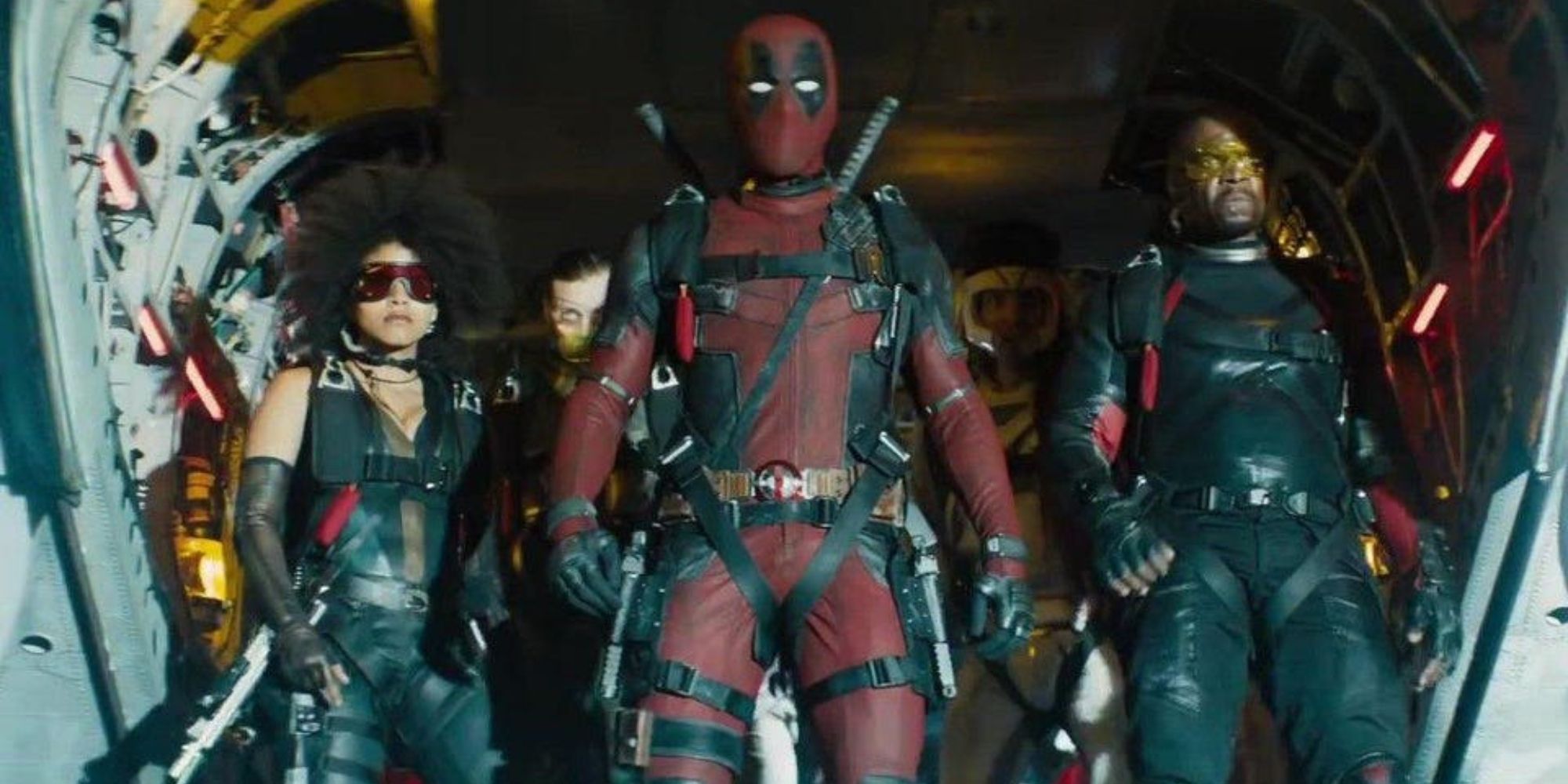 Deadpool and X Force about to jump from a plane in Deadpool 2.