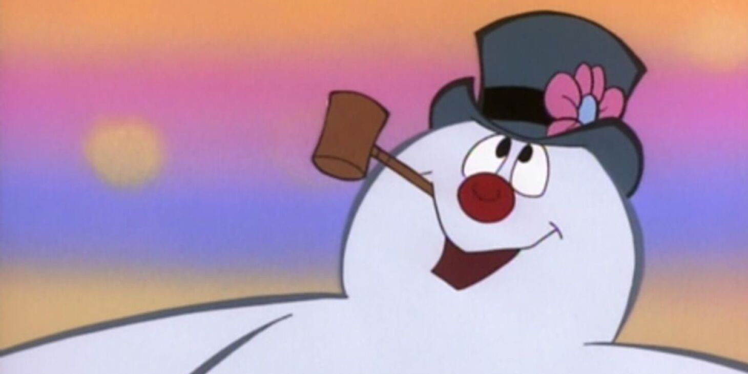 Frosty the Snowman smokes a pipe while looking at his magical hat.