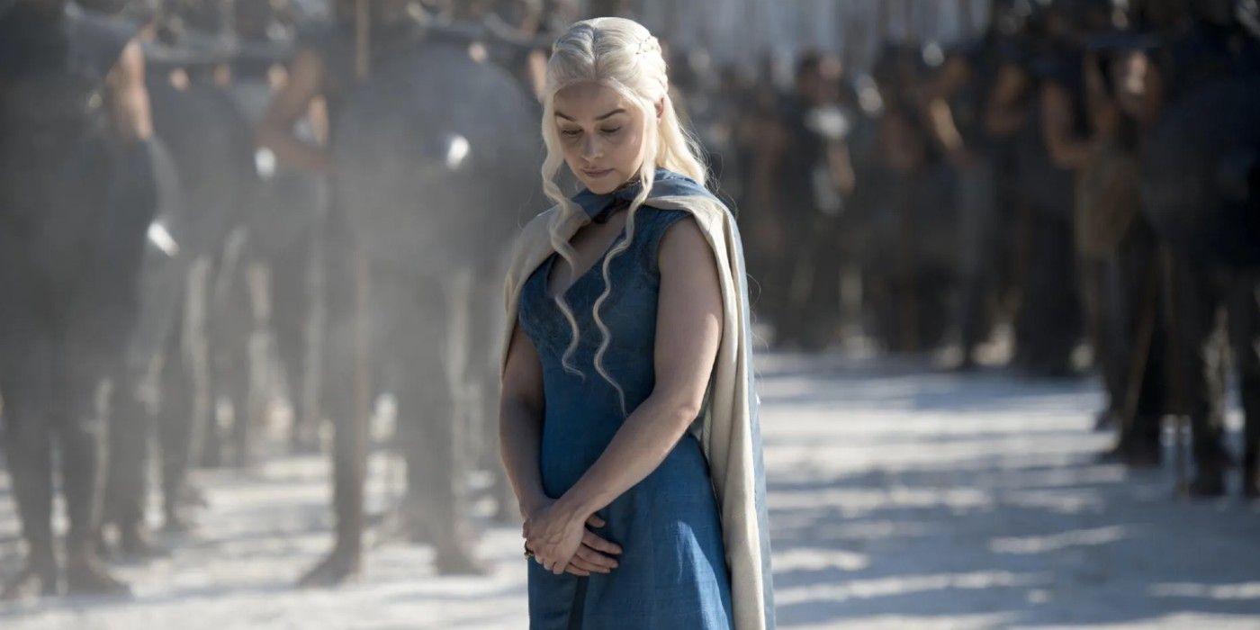 Emilia Clarke as Daenerys looking at the ground in HBO's Game of Thrones