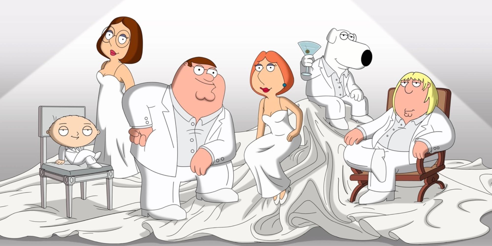 The characters from Family Guy wear all white outfits and pose in the episode Emmy Winning Episode.