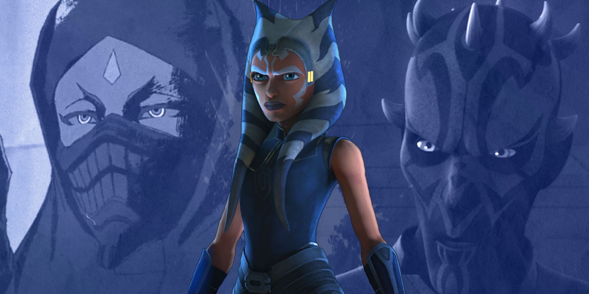 Ahsoka Tano from 'Star Wars: The Clone Wars' pictured beside the Female Bandit Leader from 'Star Wars: Visions' and Darth Maul