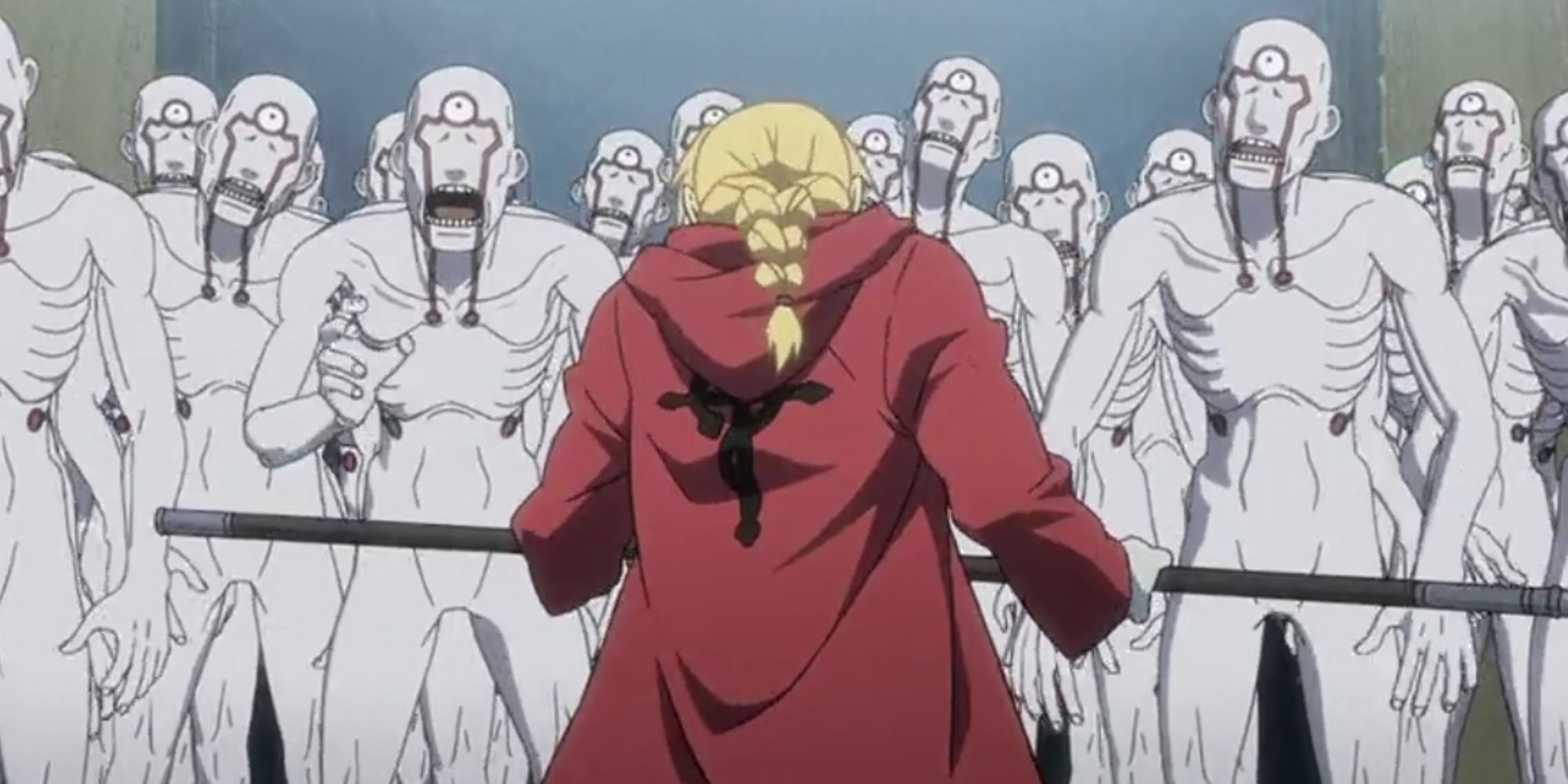 Edward Elric fighting a group of Mannequin Soldiers in Fullmetal Alchemist: Brotherhood