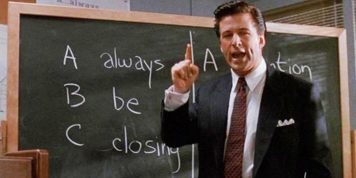 Alec Baldwin as Blake giving a monologue to Always Be Closing at Glengarry Glen Ross