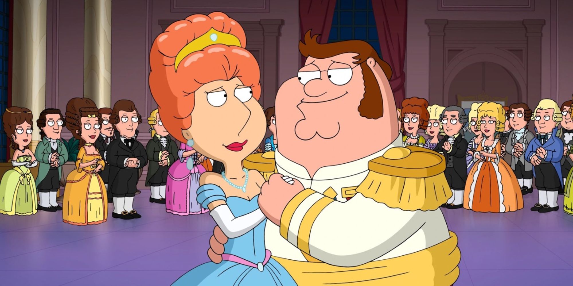 Two characters of Family Guy dance together at a ball in prince and princess outfits in Grimm Job episode.