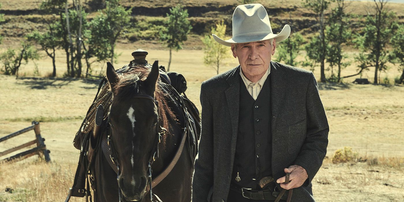 Harrison Ford standing beside a horse as Jacob Dutton in 1923 