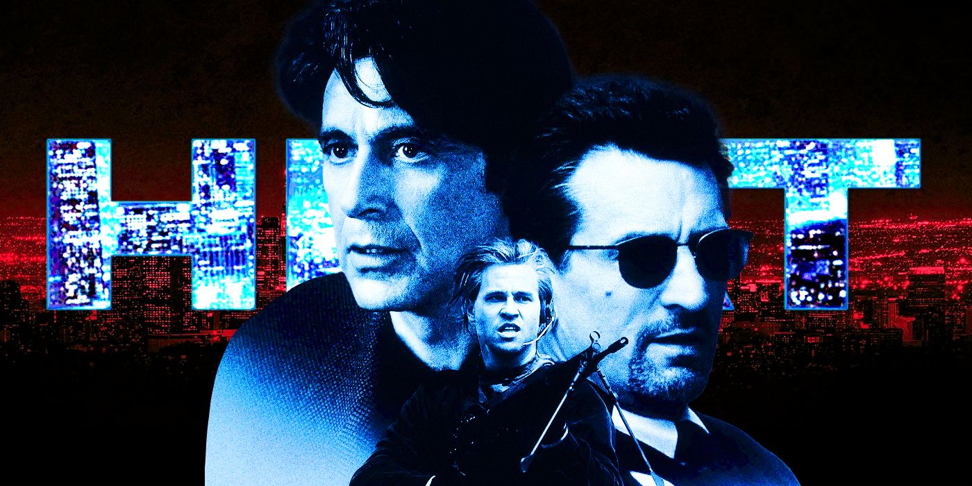 Al Pacino, Robert De Niro, and Val Kilmer from Heat against a red & blue neon background with the word 