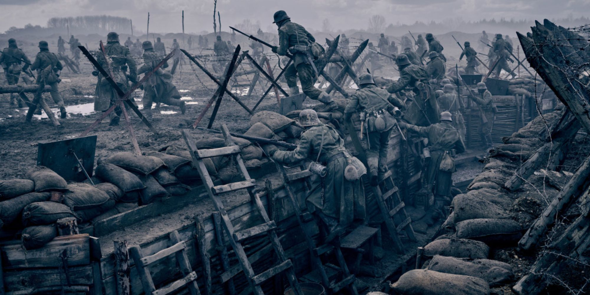 German soldiers emerge from the trenches into a charge